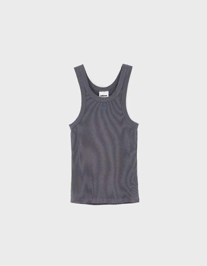 Débardeur Bellerose Fikas Raf gris chiné, coupe slim fit, jersey côtelé, dos nageur, broderie "bb".