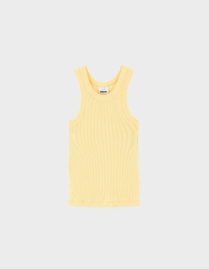 Débardeur Fikas Paille Bellerose jaune beurre en jersey côtelé, coupe ajustée, dos nageur, logo "bb" brodé.