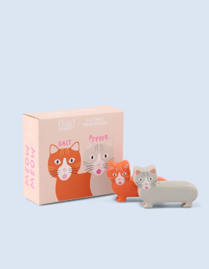 Boîte du Duo de salière et poivrière en céramique en forme de petits chats stylisés de profil. Objets de table design et minimalistes issus de la collaboration Fluid Market x Thomas Gravereau.