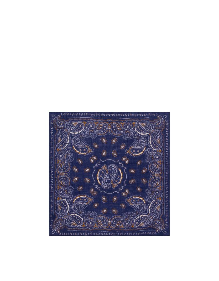 Écharpe carré bandana pour homme en laine bleu marine avec motif imprimé paisley cachemire, dimensions 75x75 cm, marque Hartford.