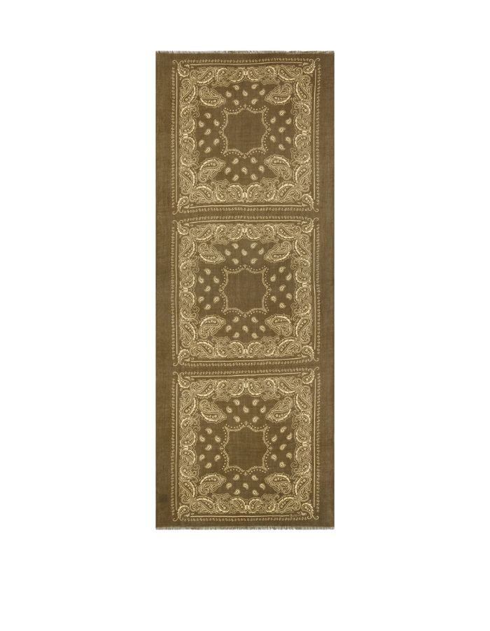 Écharpe rectangulaire pour homme en laine vert camo avec motif imprimé bandana paisley cachemire, dimensions 70x180 cm, marque Hartford.