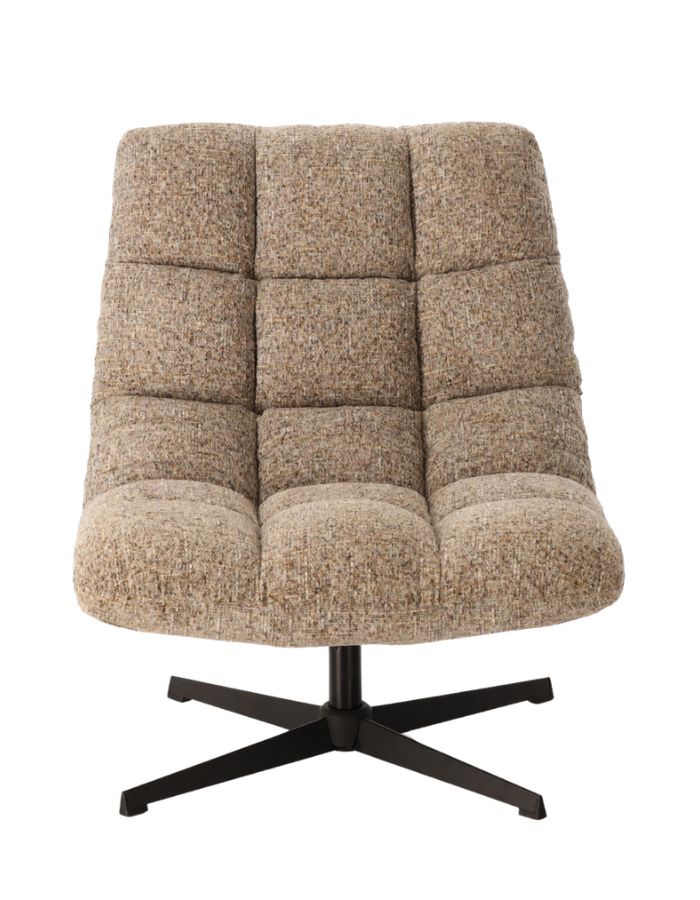 Fauteuil de salon beige chiné en tissu avec pieds en métal, assise large de 78 cm et dossier haut de 93 cm, modèle Montclar.