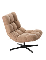 Profil du Fauteuil de salon doux en velours beige avec pieds en métal, assise large de 78 cm et dossier haut de 93 cm, modèle Montclar.