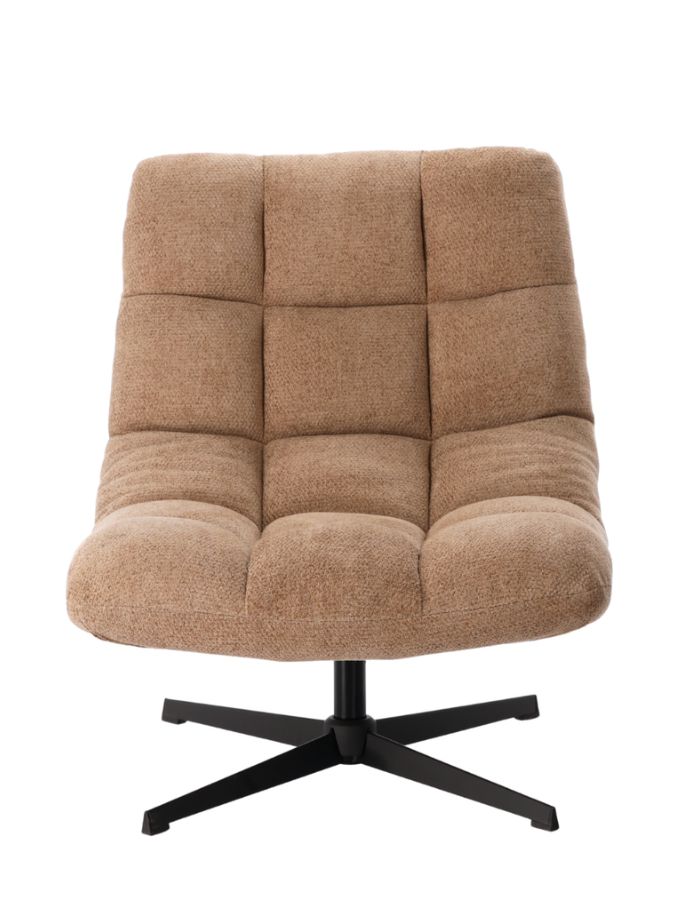 Fauteuil de salon doux en velours beige avec pieds en métal, assise large de 78 cm et dossier haut de 93 cm, modèle Montclar.