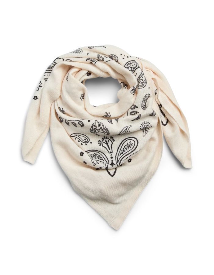 Petit foulard carré pour femme en maille tricotée fine et douce, modèle Novis de la marque Pieces. Présente un motif cachemire (Paisley) continu de couleur noire sur un fond gris très clair écru Whitecap Gray, mesurant 70 centimètres de côté