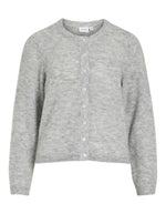 Gilet col rond pour femme en maille gris clair chiné Light Grey Melange, modèle Lory O-Neck Cardigan de la marque VILA. Présente des manches longues, des boutons sur le devant et des finitions en bord-côte au col, aux poignets et au bas.