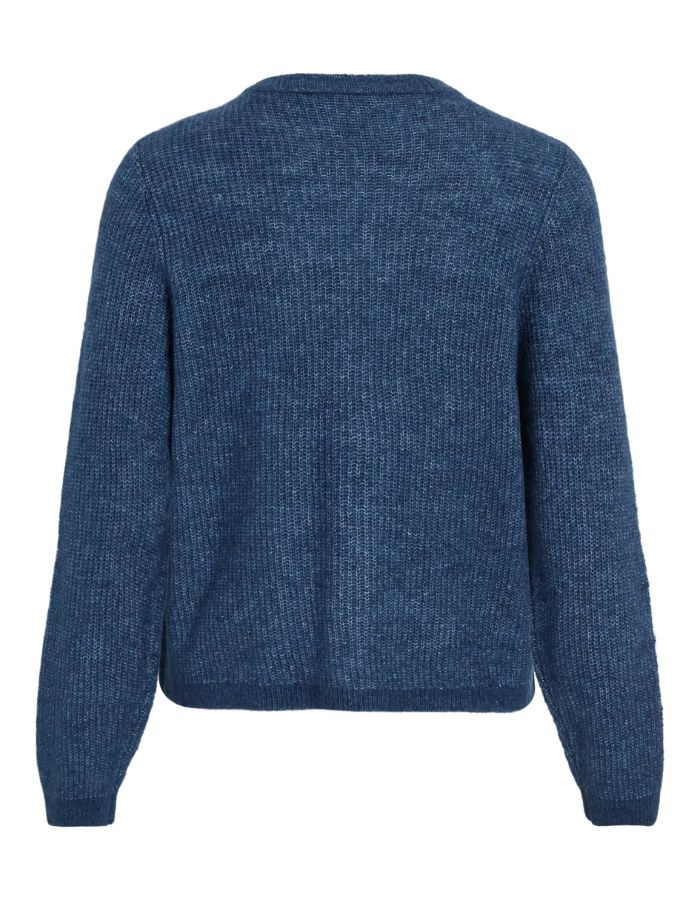 Dos du Gilet col rond pour femme en maille bleu marine Navy Peony, modèle Lory O-Neck Cardigan de la marque VILA. Présente des manches longues, des boutons sur le devant et des finitions en bord-côte au col, aux poignets et au bas.