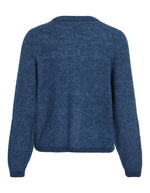 Dos du Gilet col rond pour femme en maille bleu marine Navy Peony, modèle Lory O-Neck Cardigan de la marque VILA. Présente des manches longues, des boutons sur le devant et des finitions en bord-côte au col, aux poignets et au bas.
