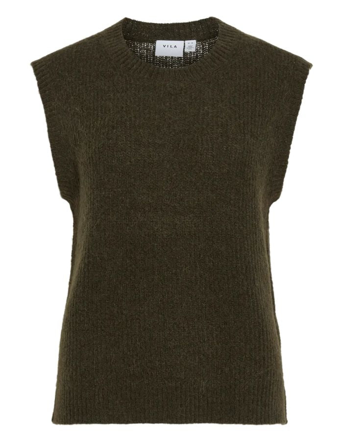 Gilet en maille fine sans manches pour femme de couleur vert forêt foncé chiné Forest Night Melange, modèle Lory de la marque Vila. Présente un col rond ajusté, des emmanchures dégagées et une coupe droite à la texture douce et légèrement duveteuse.