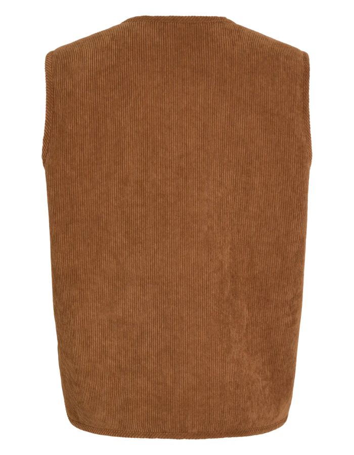 Dos du Gilet sans manches réversible pour femme, modèle Majlina Teddy Vest de la marque VILA. Présente une face en moumoute écru Birch et une face en velours côtelé marron Nuthatch, avec col rond, boutons et poches sur l'avant.