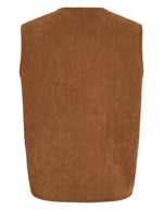 Dos du Gilet sans manches réversible pour femme, modèle Majlina Teddy Vest de la marque VILA. Présente une face en moumoute écru Birch et une face en velours côtelé marron Nuthatch, avec col rond, boutons et poches sur l'avant.
