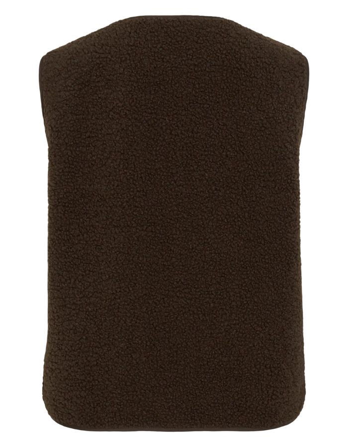 Dos du Gilet sans manches pour femme en matière peluche bouclée marron foncé Coffee Bean, modèle Ada de la marque Vila. Présente un col rond, une fermeture boutonnée à l'avant et deux poches plaquées.