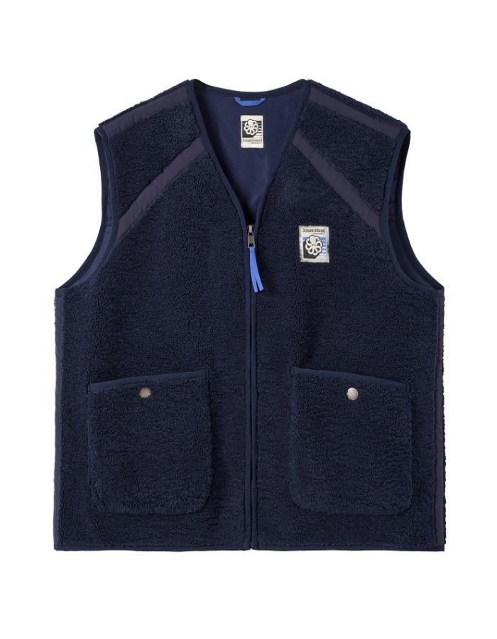 Gilet sans manches pour homme en sherpa bleu marine avec bandes en nylon, poches à pression et logo Jonsen embossé au dos, modèle Bianca de la marque Jonsen Island