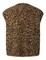 Dos du Gilet sans manches Katty Teddy pour femme avec imprimé léopard tacheté. Texture polaire bouclée douce, col en V et poches sur les côtés. Veste sans manches tendance en polyester recyclé.