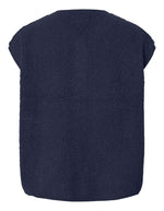 Dos du Gilet sans manches pour femme Katty Teddy, coloris bleu marine (Navy). Matière bouclée douce type polaire, col en V et poches latérales. Fermeture par boutons-pression. Veste écoresponsable en polyester recyclé.