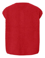 Dos du Gilet sans manches Katty Teddy pour femme, coloris rouge vif Adrenaline Rush. Texture polaire bouclée, col en V et fermeture par boutons-pression. Style outdoor chic et écoresponsable.