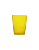 Gobelet cylindrique en verre soufflé jaune avec bulles, 7,8 cm de diamètre, 10 cm de hauteur.