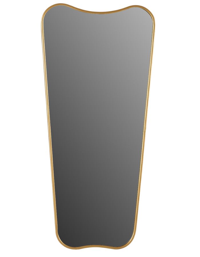 Grand miroir surpieds asymétrique à silhouette incurvée d'inspiration rétro avec cadre en métal doré