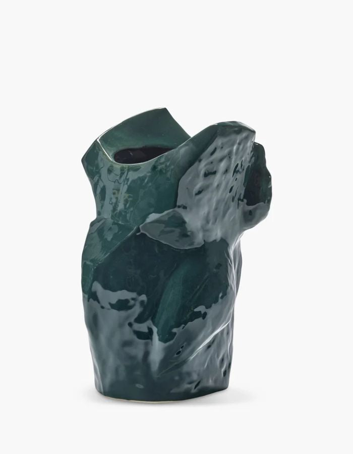 Dos du Grand vase en céramique vert foncé brillante sculpté en forme de hibou grand format 30cm avec motifs peints à la main collection Marni