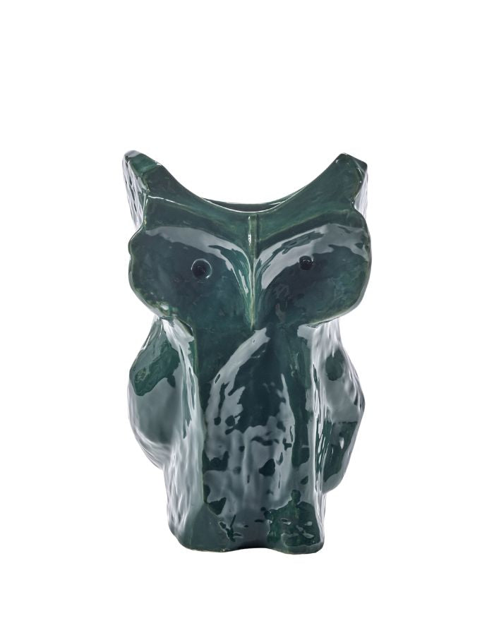 Grand vase en céramique vert foncé brillante sculpté en forme de hibou grand format 30cm avec motifs peints à la main collection Marni