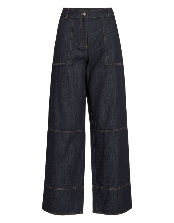 Jean coupe droite Brixton en denim bleu foncé avec surpiqûres contrastantes et taille mi-haute.