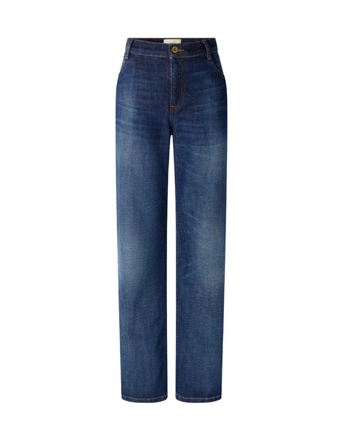 Jean droit taille basse pour femme en coton bio délavé bleu denim avec surpiqûres contrastées, modèle Jean Vega couleur Melody Blue de la marque Sessùn.