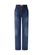 Jean droit taille basse pour femme en coton bio délavé bleu denim avec surpiqûres contrastées, modèle Jean Vega couleur Melody Blue de la marque Sessùn.