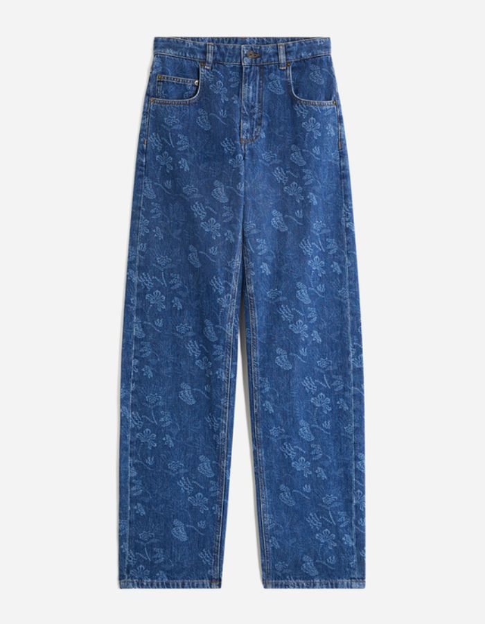 Jean Farel Floral Vanessa Bruno droit en denim bleu avec motif floral block-print, taille haute.