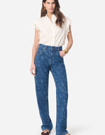 Jean Farel Floral Vanessa Bruno droit en denim bleu avec motif floral block-print, taille haute.