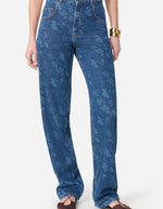 Jean Farel Floral Vanessa Bruno droit en denim bleu avec motif floral block-print, taille haute.