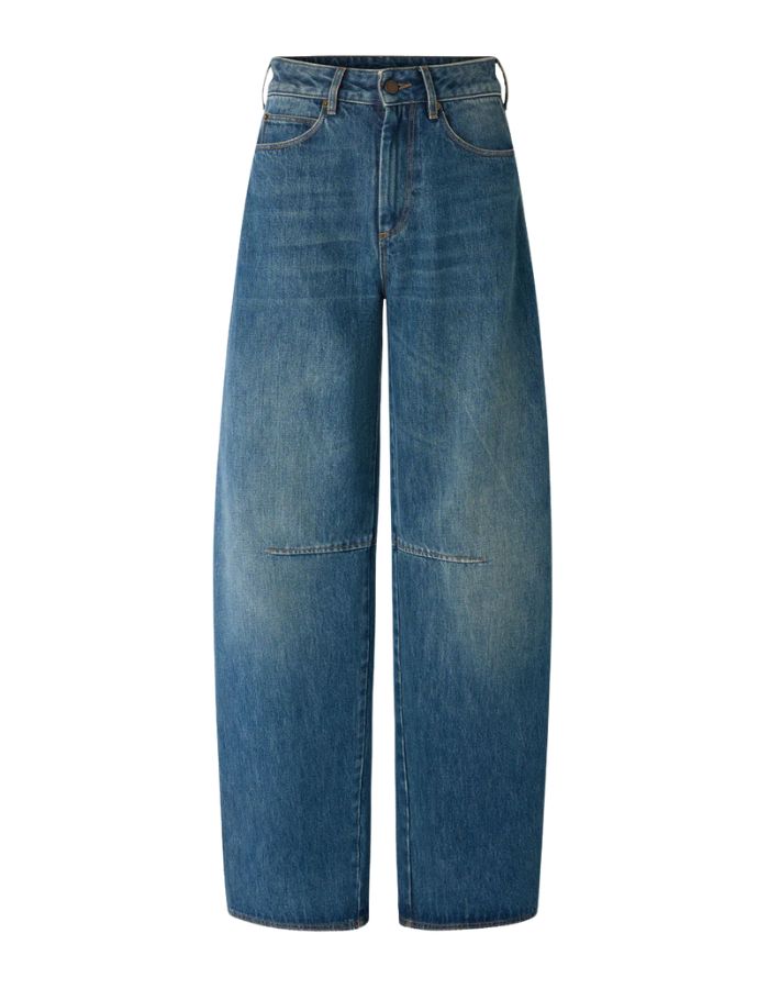 Jean Gaspard bleu/vert ample en coton biologique et recyclé avec pinces aux genoux.