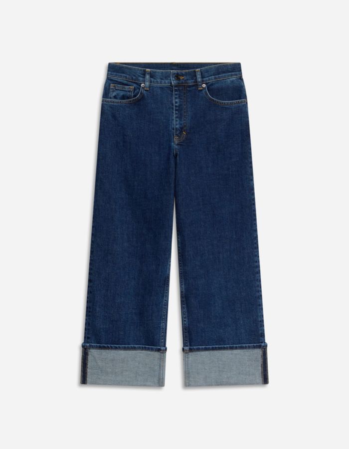 Jean Geronimo Bleu Royal, coupe droite taille haute, larges revers cousus, surpiqûres apparentes.
