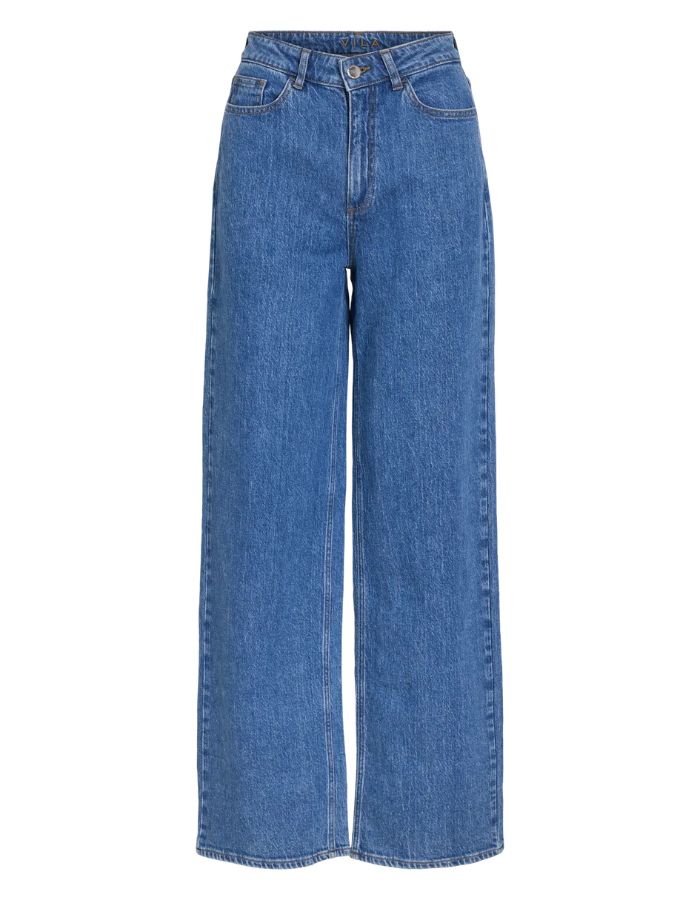 Jean large pour femme de couleur bleu moyen Medium Blue Denim, modèle Reya de la marque Vila. Présente une taille haute ajustée et des jambes amples fluides (coupe Frida), avec une fermeture par zip.