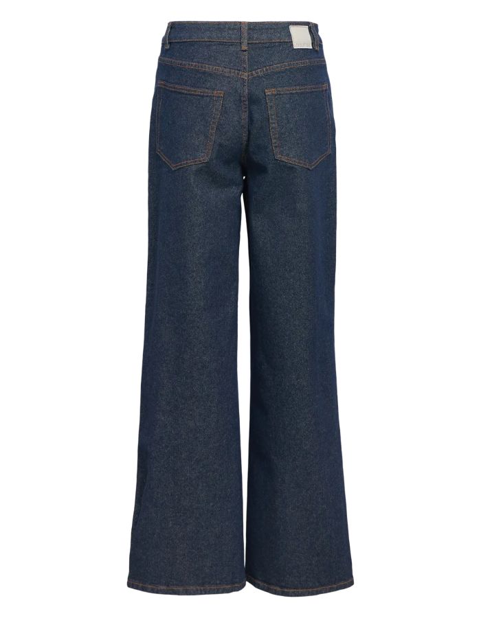 Dos du Jean large taille mi-haute pour femme en denim bleu foncé rincé, modèle Rio Mae Wide Jeans de la marque OBJECT. Présente une coupe wide leg 5 poches avec fermeture boutonnée et zippée.