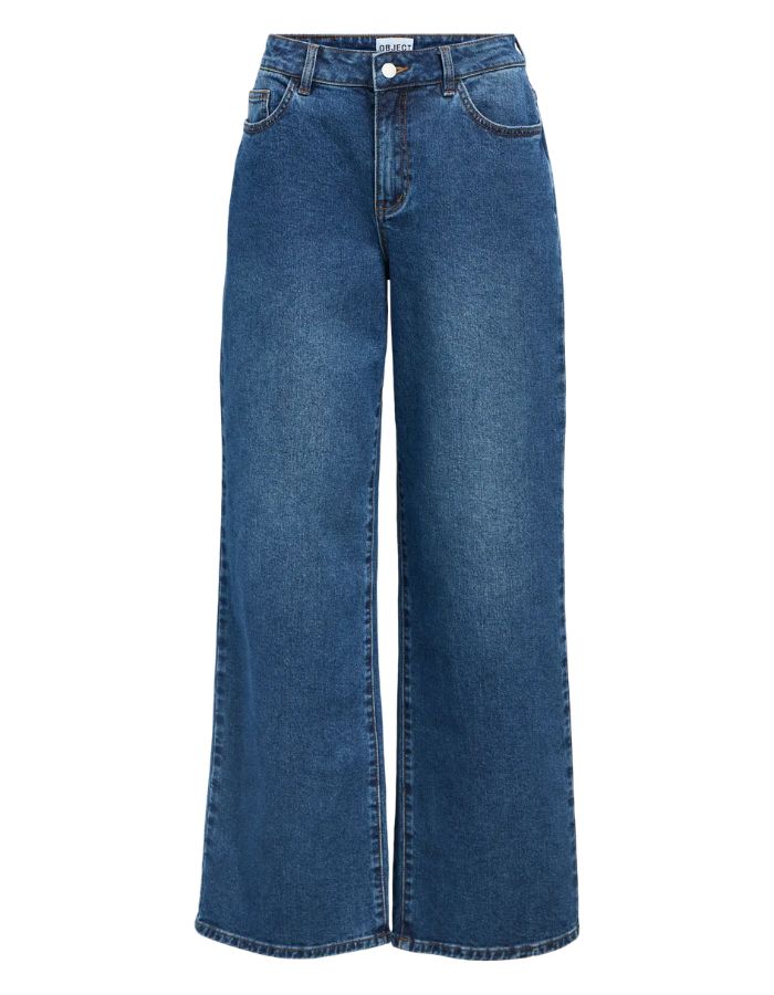 Jean large pour femme de couleur bleu moyen délavé Medium Blue Denim, modèle Rio Mae de la marque OBJECT. Présente une taille mi-haute, des jambes larges amples, une fermeture à bouton et zip et un style cinq poches classique.