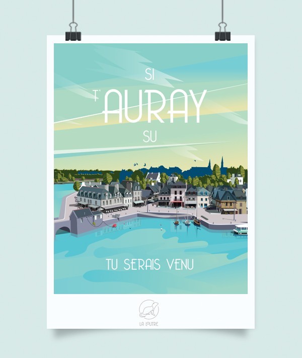 Affiche vintage La Loutre d'Auray, Bretagne, avec port, maisons traditionnelles et slogan humoristique.