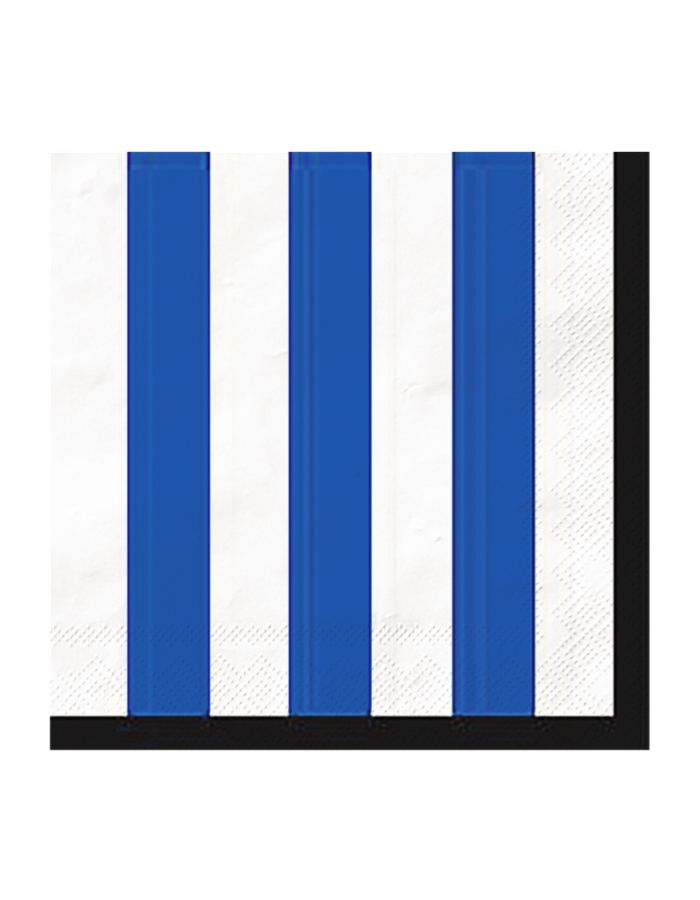 Lot de 20 serviettes de table carrées en papier recyclé de 33 cm de côté, décorées d'un motif graphique imprimé de rayures bleues et blanches alternées.