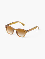 Côté des Lunettes de soleil unisexes IZIPIZI modèle #C de forme carrée vintage épaisse. La monture brillante arbore une couleur miel ocre ambrée et translucide nommée Golden Canyon, associée à des verres solaires polarisés protecteurs.