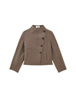 Manteau court pour femme en laine double face marron avec fermeture boutonnée asymétrique et col montant modulable, modèle Kemelia de la marque BA&SH