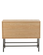 Dos du Meuble bas bois naturel et métal noir avec portes en cannage. Meuble de rangement design, pratique et moderne pour salon ou entrée.