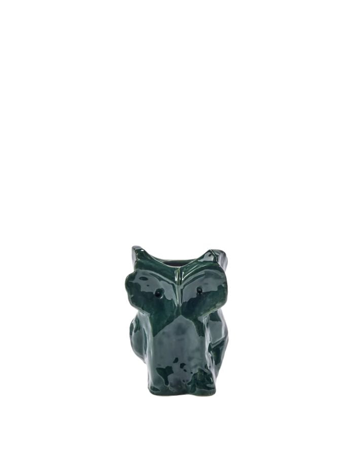 Mini vase en céramique vert foncé brillante sculpté en forme de hibou avec motifs peints à la main collection Marni