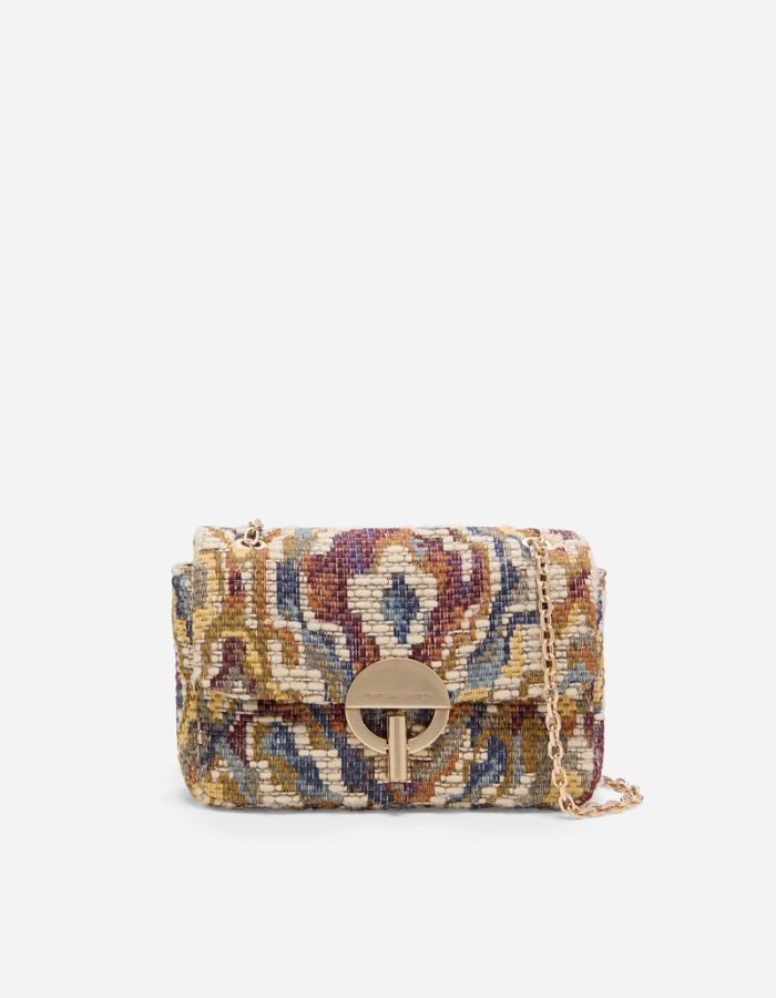 Moyen Sac Moon Vanessa Bruno en toile jacquard multicolore avec fermoir doré et bandoulière chaîne.