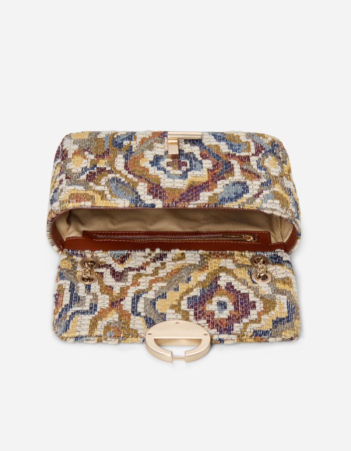 Moyen sac Moon Vanessa Bruno en toile jacquard multicolore avec fermoir doré.