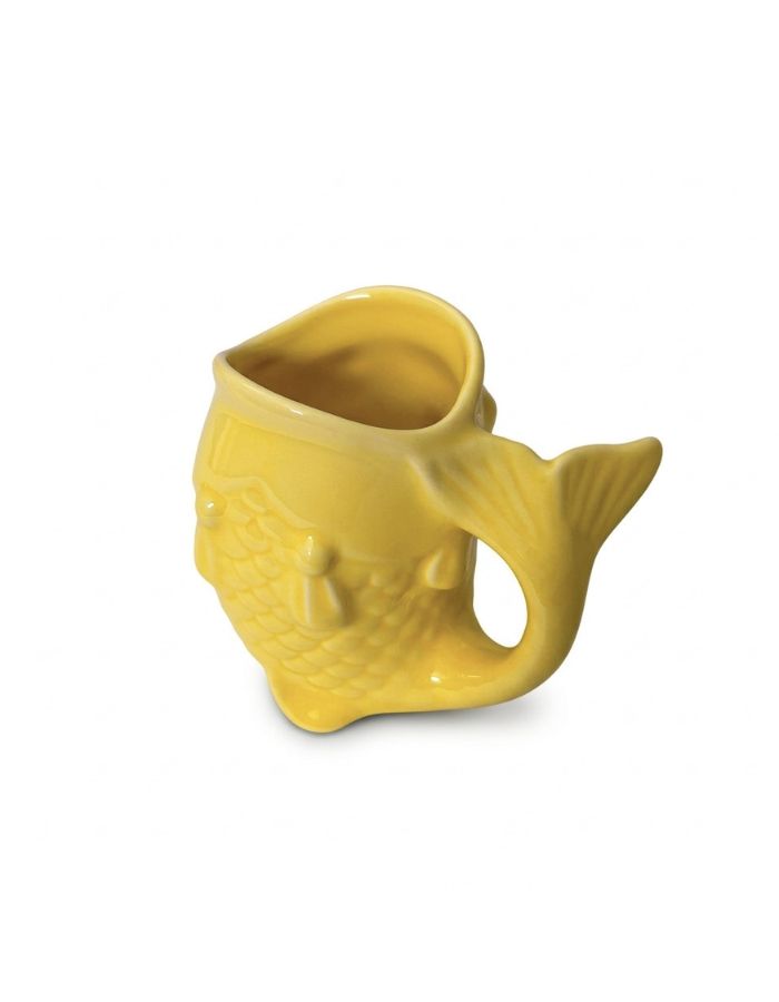 Dessus du Mug en céramique jaune brillant sculpté en relief en forme de poisson avec anse ergonomique