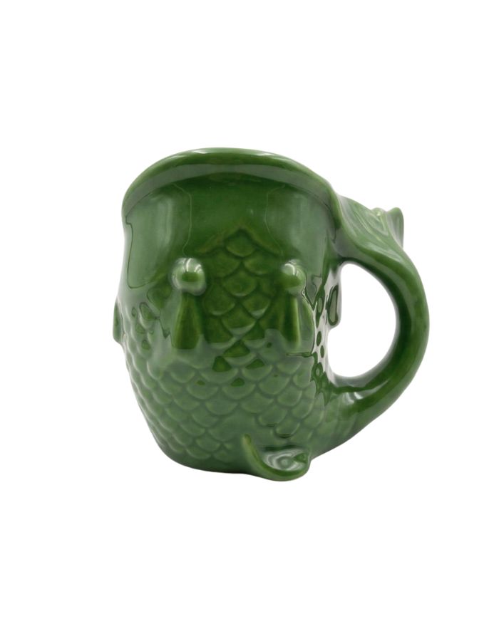 Mug en céramique vert brillant sculpté en relief en forme de poisson avec anse ergonomique
