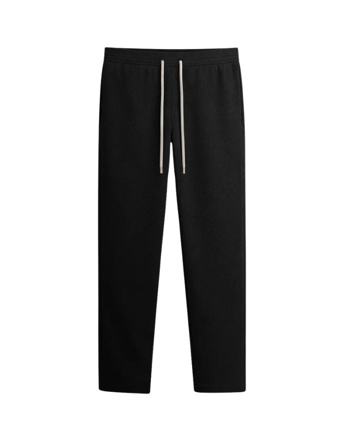Pantalon de jogging ajusté coupe droite pour homme et femme en molleton noir 350g avec cordon beige et patch logo dos, modèle Iconic Straight couleur Black de Sweet Pants.
