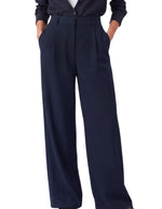 Pantalon droit taille haute pour femme bleu marine avec plis structurés le long des jambes, modèle Pantalon Eraria couleur Navy de la marque ARTLOVE