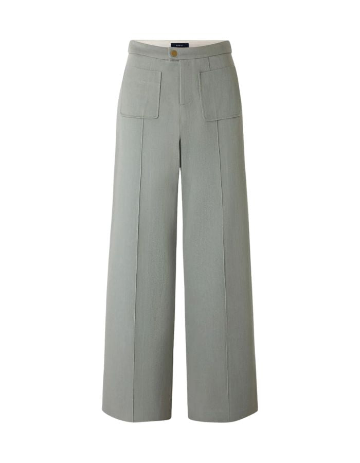 Pantalon Harry Vert d'Eau en toile de coton, coupe droite évasée, poches plaquées et pli marqué.