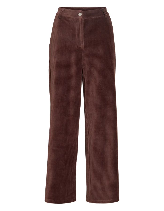 Pantalon large pour femme en velours côtelé marron chocolat avec fermeture boutonnée à la taille, modèle Kita RW Wide Corduroy Pants couleur Chocolat de la marque VILA.