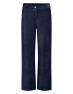 Pantalon large pour femme en velours côtelé bleu marine avec fermeture boutonnée à la taille, modèle Kita RW Wide Corduroy Pants couleur Navy de la marque VILA.
